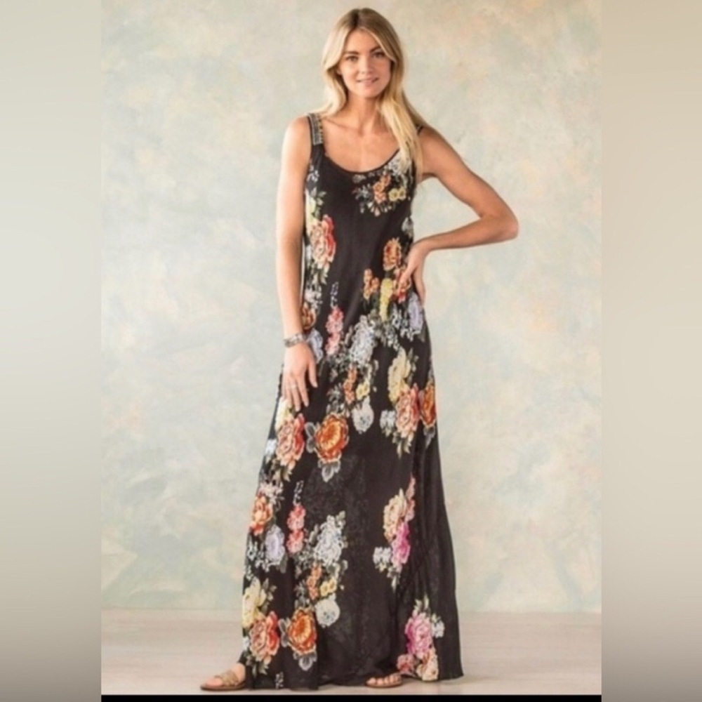 JOHNNY WAS maxi mix Print Dress. Semi sheer, EMBROIDERED STRAP. XS/S